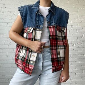 Vintage 90s Gap denim vest with red plaid flannel paneling and quilted lining